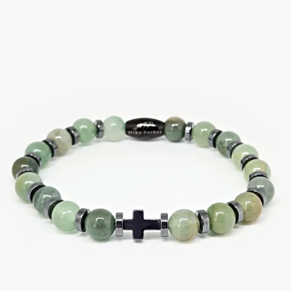 Aventurine with Hematite Cross — handmade gemstone bracelet by Mika, Tbilisi