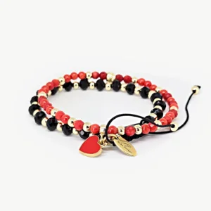 Coral & Black Beads — Natural Stone Bracelet Set, Mika Parker